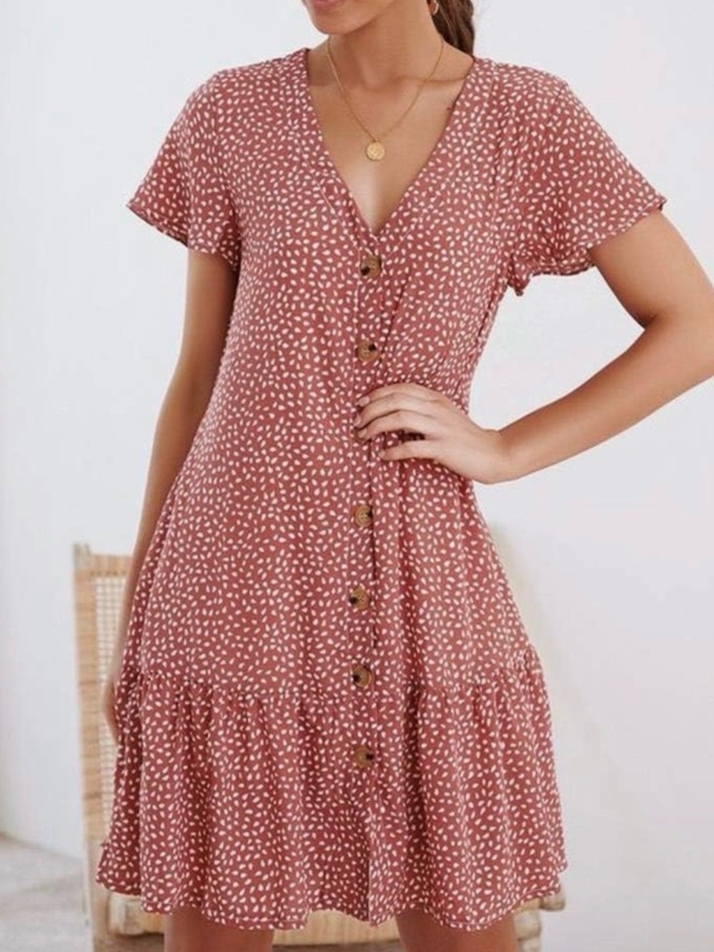 Women's Rust Dot Button-Front V-Neck Dress